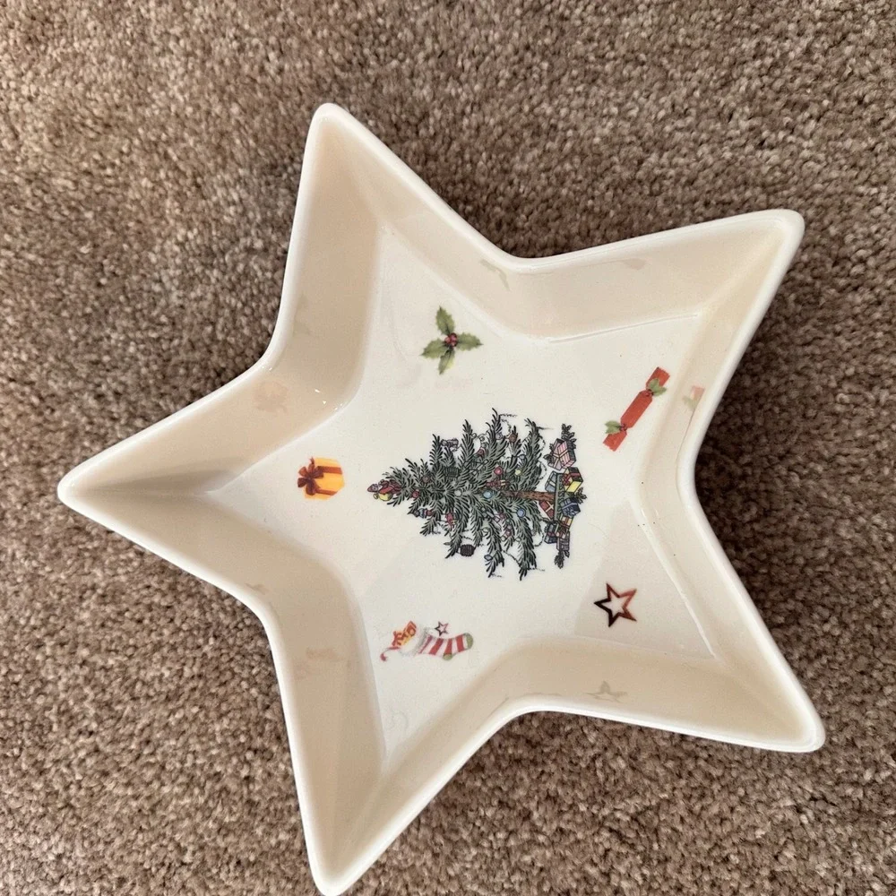 Spode Christmas Jubilee Star Shaped Ceramic‎ Bowl Holiday Tree Pattern Rare VTG